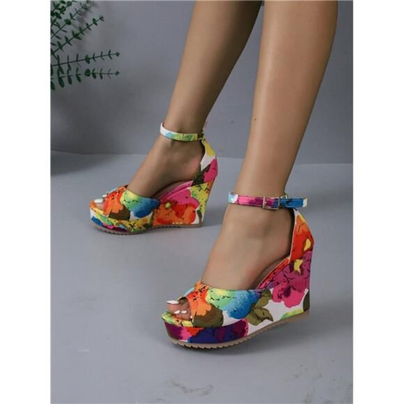 BRAND NEW New Floral Retro Print Fashion Thick Bottom Wedge Heel - Picture 5 of 6